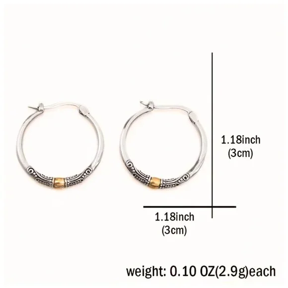 Earrings Hoops Two-tone Bohemian Retro Chic with a Minimalist Filigree Pattern - Picture 3 of 5
